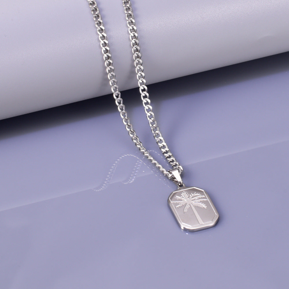 Men’s Titanium Steel Palm Leaf Dog Tag Pendant Necklace – Square Pendant with Chain, Steel Titanium Finish