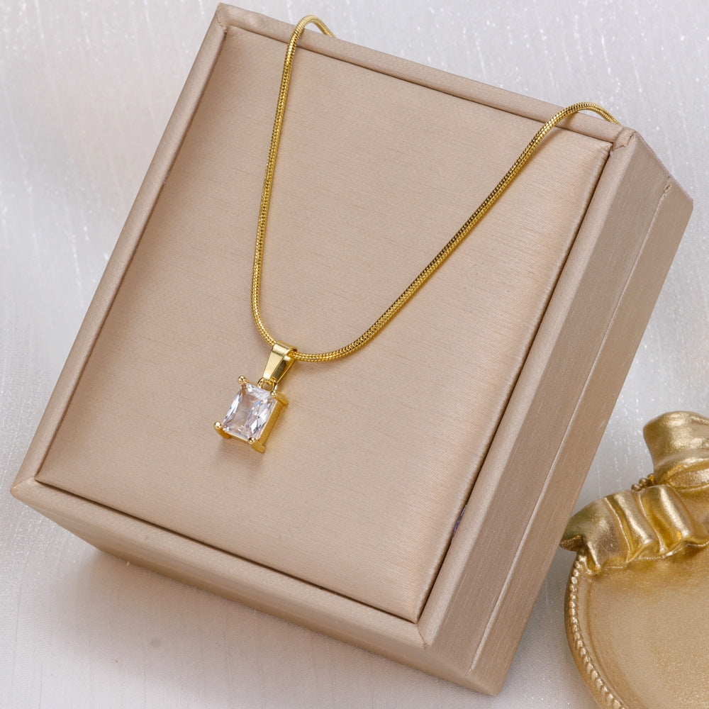 Crystal Zircon Square Diamond Necklace Titanium Steel Chain