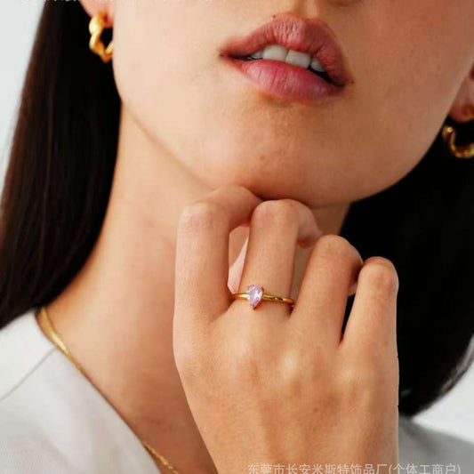 18K Gold Plated Pink Drop Zircon Love Ring – Adjustable