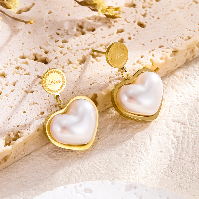 Gold-Plated Heart-Shaped White Shell Earrings