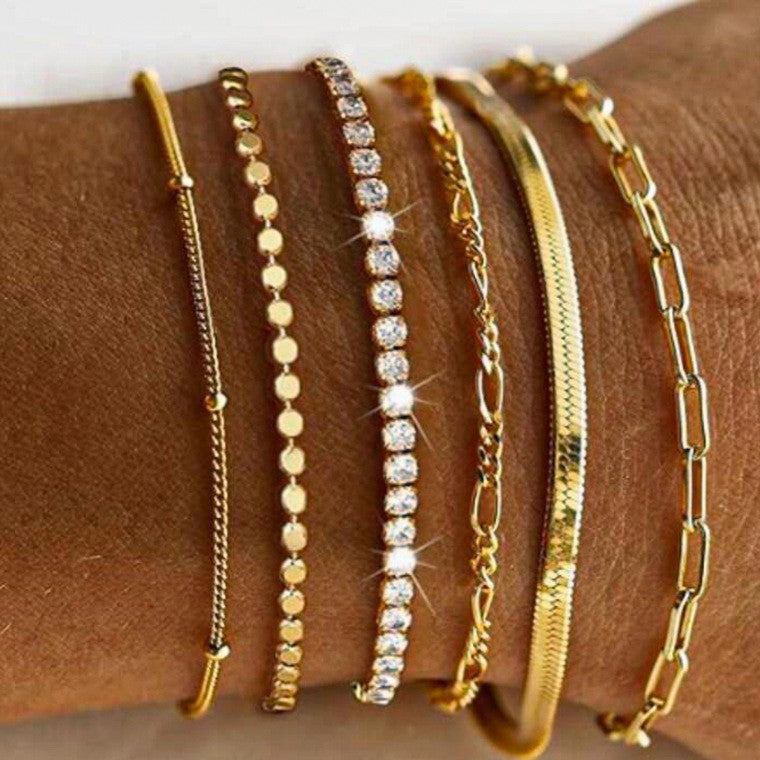 Bohemian Minimalist 6-Piece Bracelet Set – Multi-Layer Metal Chain for Women