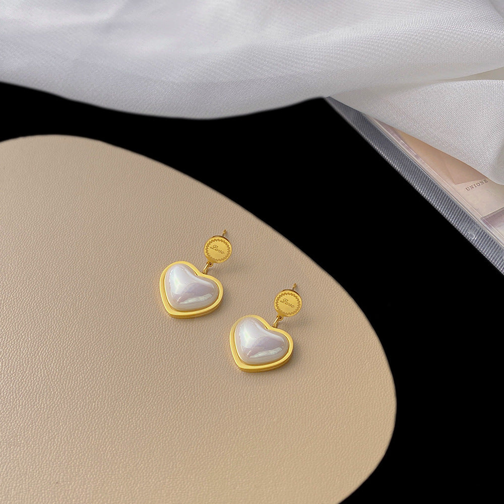 Gold-Plated Heart-Shaped White Shell Earrings