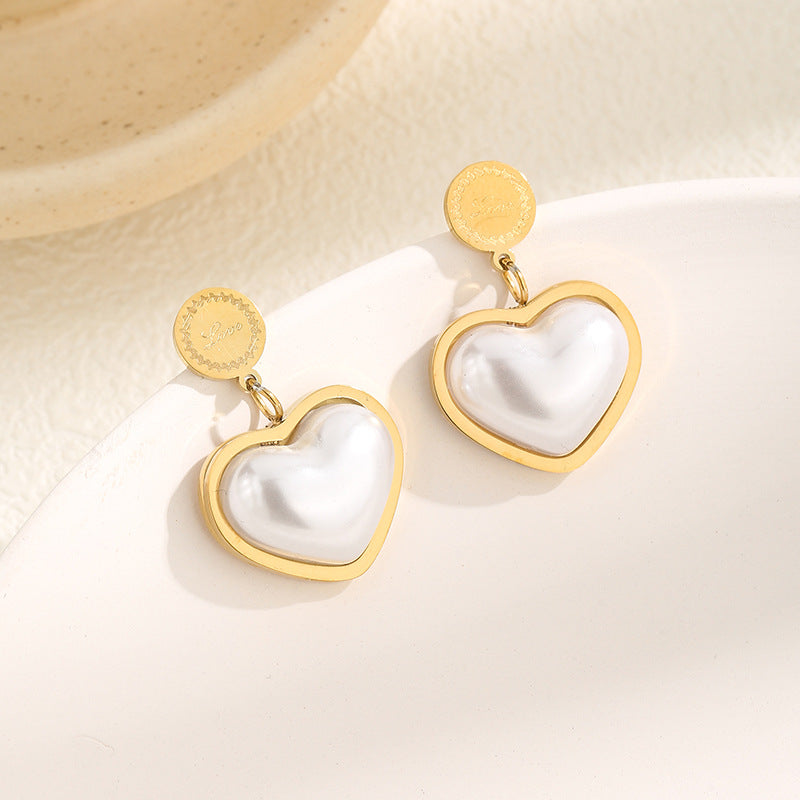 Gold-Plated Heart-Shaped White Shell Earrings