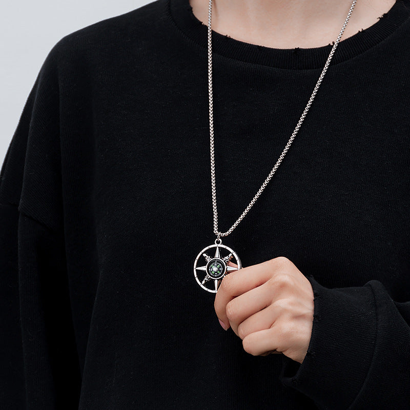 Men’s Titanium Steel Compass Pendant with Chain