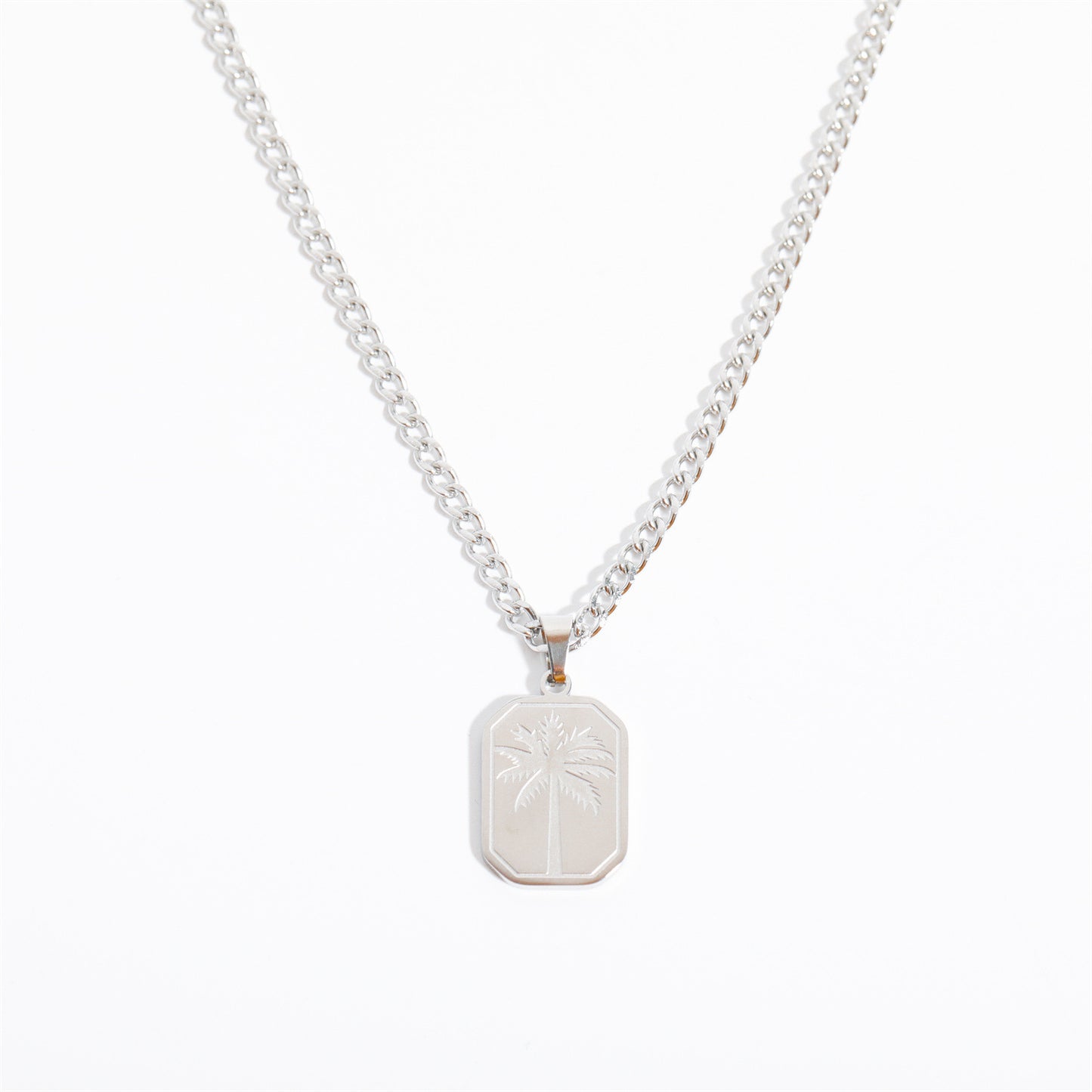 Men’s Titanium Steel Palm Leaf Dog Tag Pendant Necklace – Square Pendant with Chain, Steel Titanium Finish