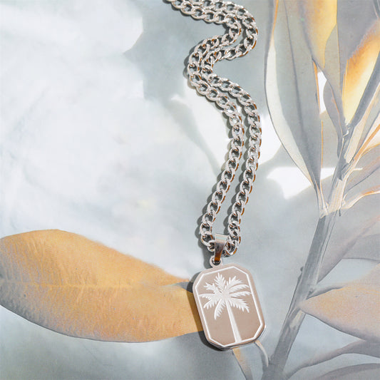 Men’s Titanium Steel Palm Leaf Dog Tag Pendant Necklace – Square Pendant with Chain, Steel Titanium Finish