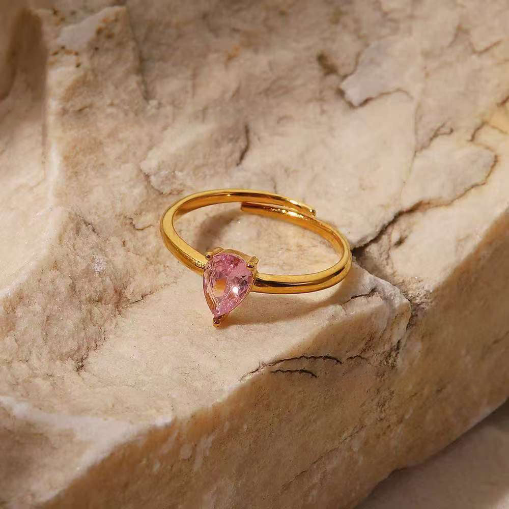 18K Gold Plated Pink Drop Zircon Love Ring – Adjustable