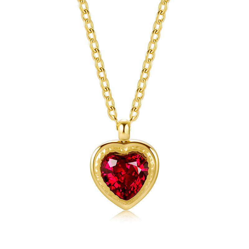 Gold-Plated Red Zircon Heart-Shaped Necklace