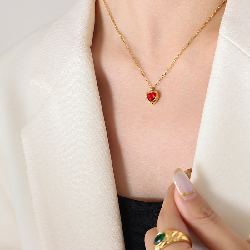 Gold-Plated Red Zircon Heart-Shaped Necklace