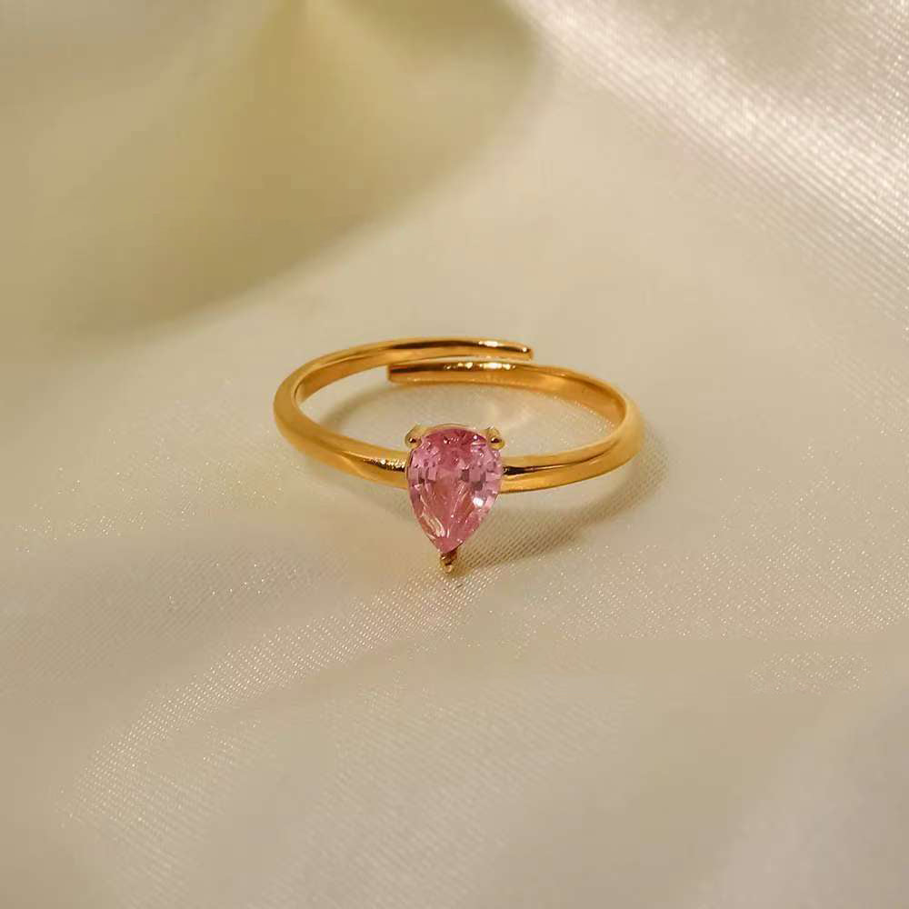 18K Gold Plated Pink Drop Zircon Love Ring – Adjustable