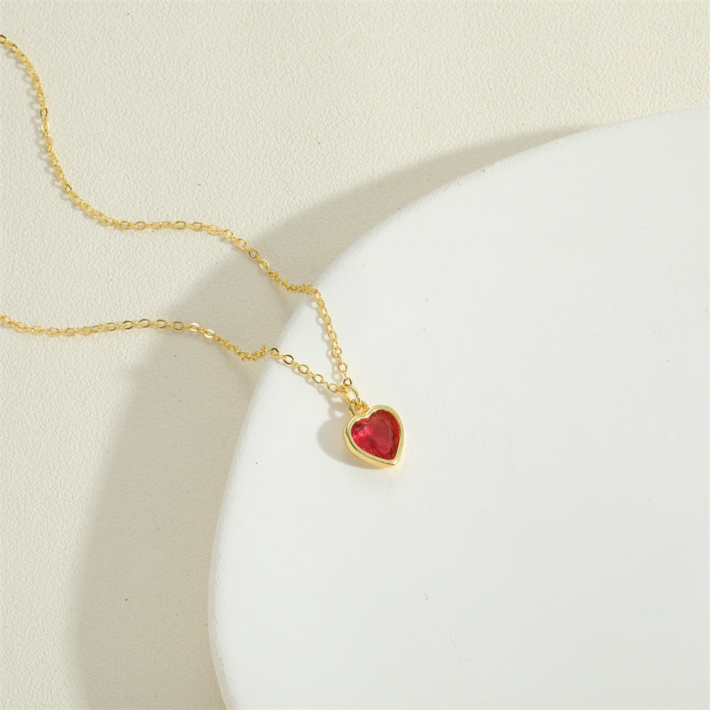 Gold-Plated Red Zircon Heart-Shaped Necklace