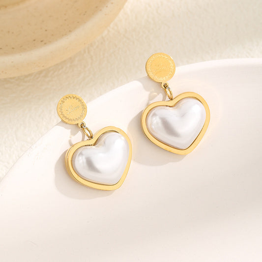Gold-Plated Heart-Shaped White Shell Earrings