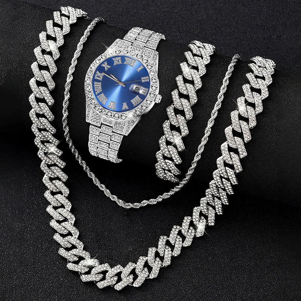 Iced Out Cuban Chain, Bracelet & Diamond Watch Set - Men's Luxury Bling Jewelry
